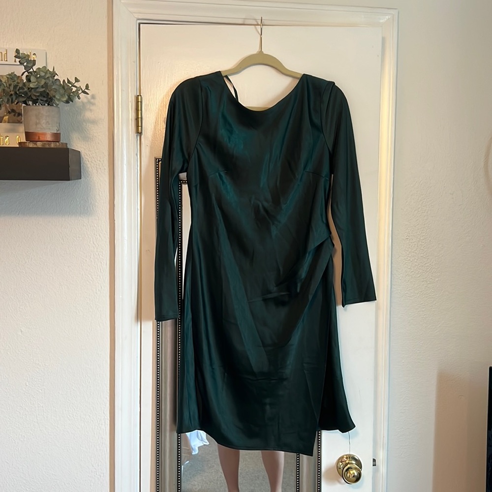 Satin Emerald Green 3/4 sleeve, slit, open back dress by Saints + Secrets